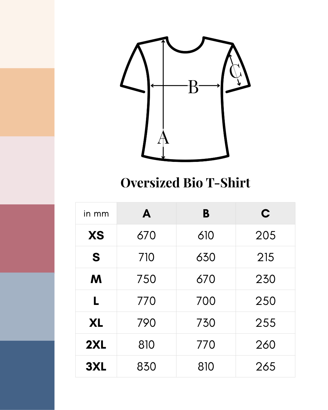 Größentabelle mit Maßen für Oversized T-Shirts und eine Verzierung links mit Orange-, Rosa- und Blautönen. 