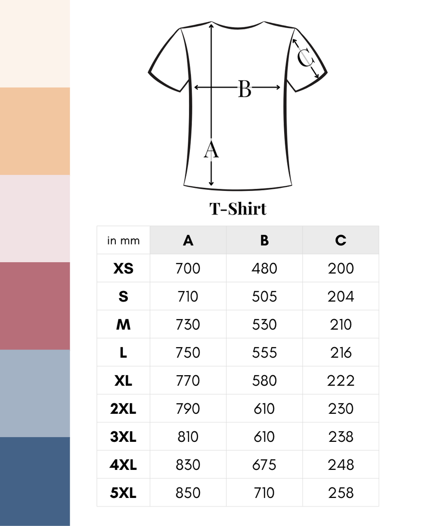 Größentabelle mit Maßen für T-Shirts und eine Verzierung links mit Orange-, Rosa- und Blautönen. 